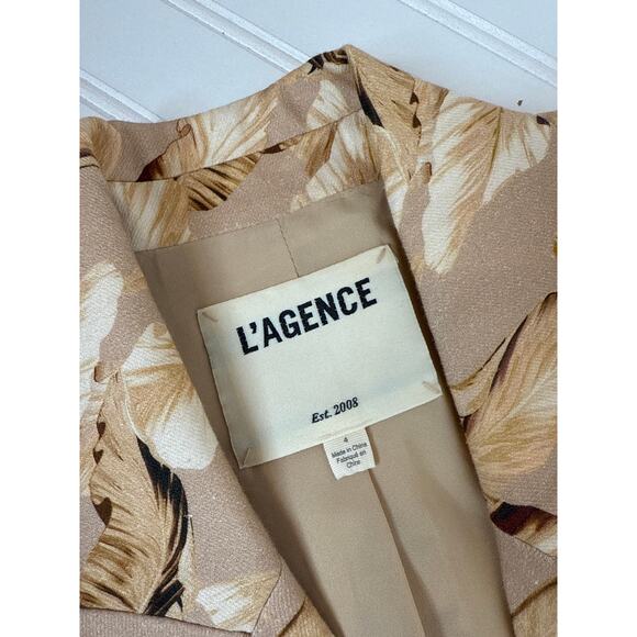 L’AGENCE Beige Linen Leaf-Print Cropped Blazer Coat Jacket Corporate Corp Size 4 - Picture 7 of 9